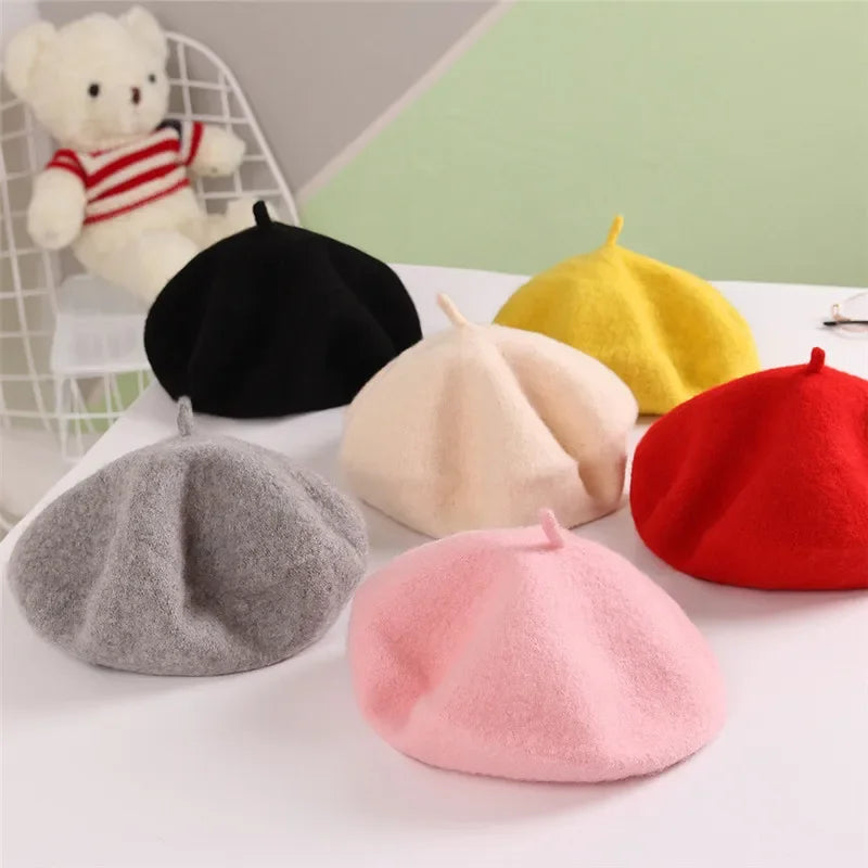 Fashion Baby Beret Hat for Girls Wool Vintage Children Beanies Cap Kids Painter Hats Toddler Candy Color Hair Accessories
