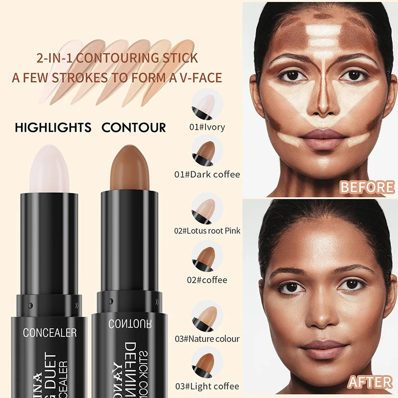 Face Foundation Concealer Pen Highlight Stick Cosmetic Double-end Pencil Facial Corrector Pen V-face Shaping Long Lasting Makeup